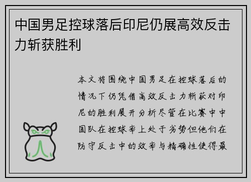 中国男足控球落后印尼仍展高效反击力斩获胜利 中国男足控球落后印尼仍展高效反击力斩获胜利