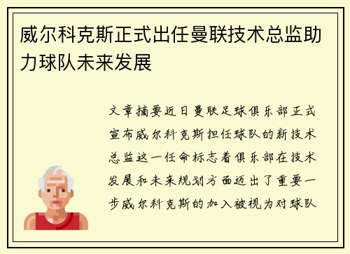 威尔科克斯正式出任曼联技术总监助力球队未来发展 威尔科克斯正式出任曼联技术总监助力球队未来发展