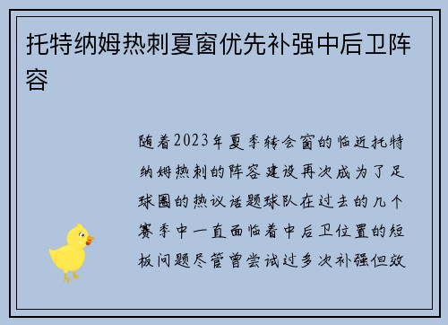 托特纳姆热刺夏窗优先补强中后卫阵容 托特纳姆热刺夏窗优先补强中后卫阵容
